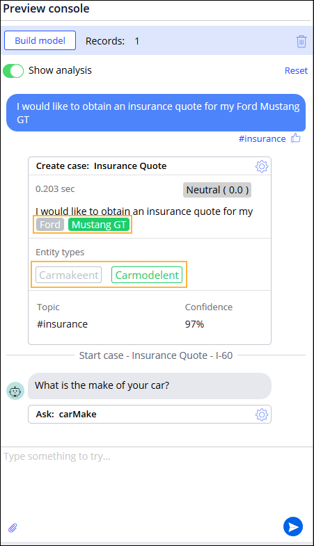 Sample user input analysis with mapped entities