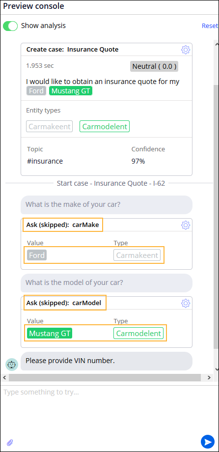 Sample user input analysis with mapped entities and skipped questions