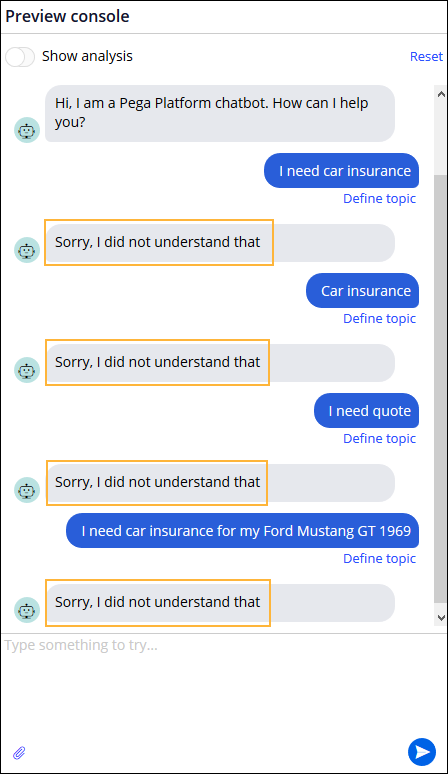 A sample chat conversation in the preview console, in which the IVA for Web Chatbot does not understand a request.
