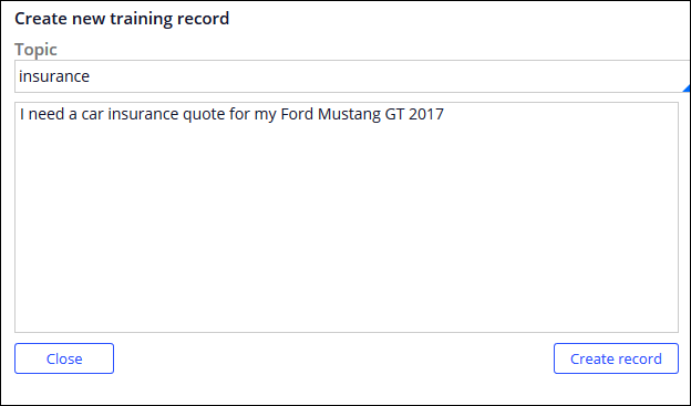 Creating another sample training record using specific car model and make details.