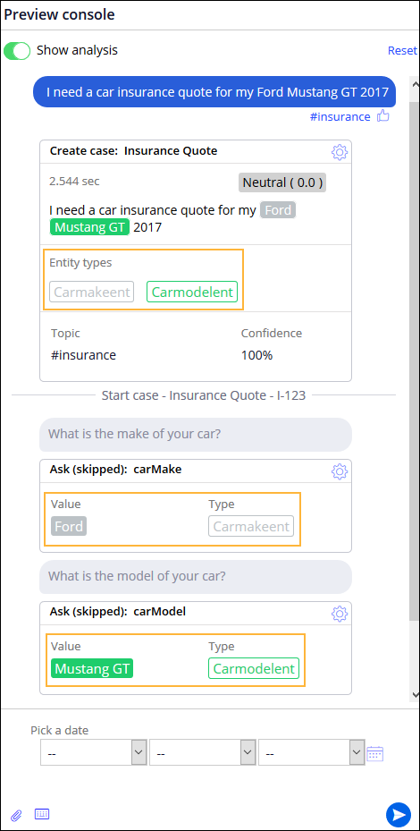 Analysis of sample user input showing mapped entities and skipped questions.