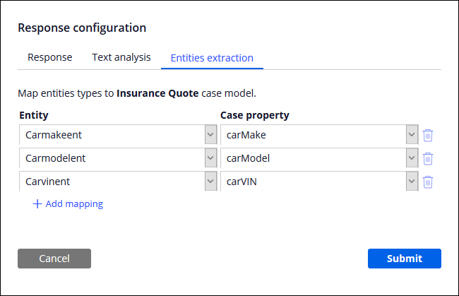Mapped entities in the response configuration dialog box for the case type commands.