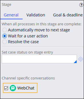 Configuring a stage for the Insurance Quote case type to use the IVA for Web Chatbot.