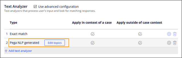 The Behavior tab showing enabled text analyzers for the case, both in-context and out-of-context.