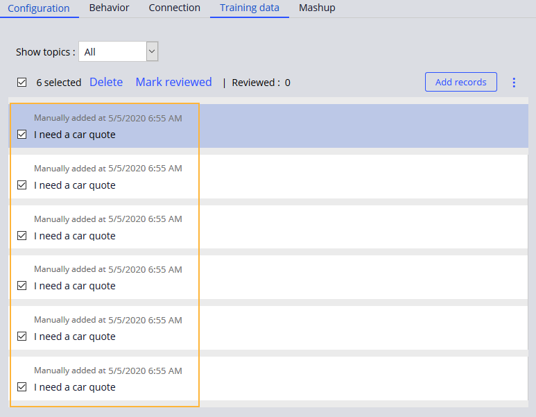 The Training data tab showing sample training data records.