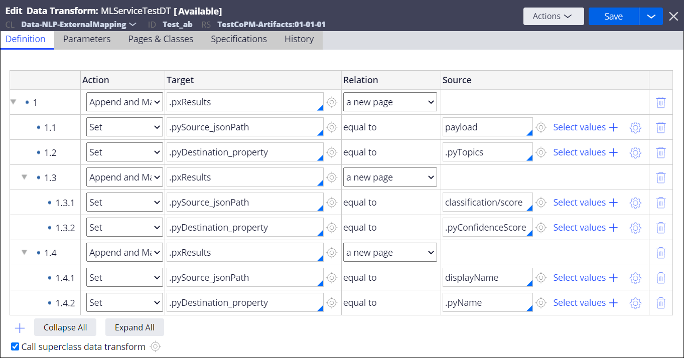 Data transform record showing the output mapping for the sample JSON response