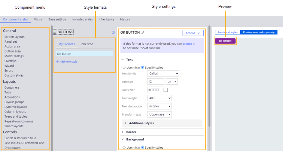 The style formats tab includes a component menu, a list of formats, and a preview.